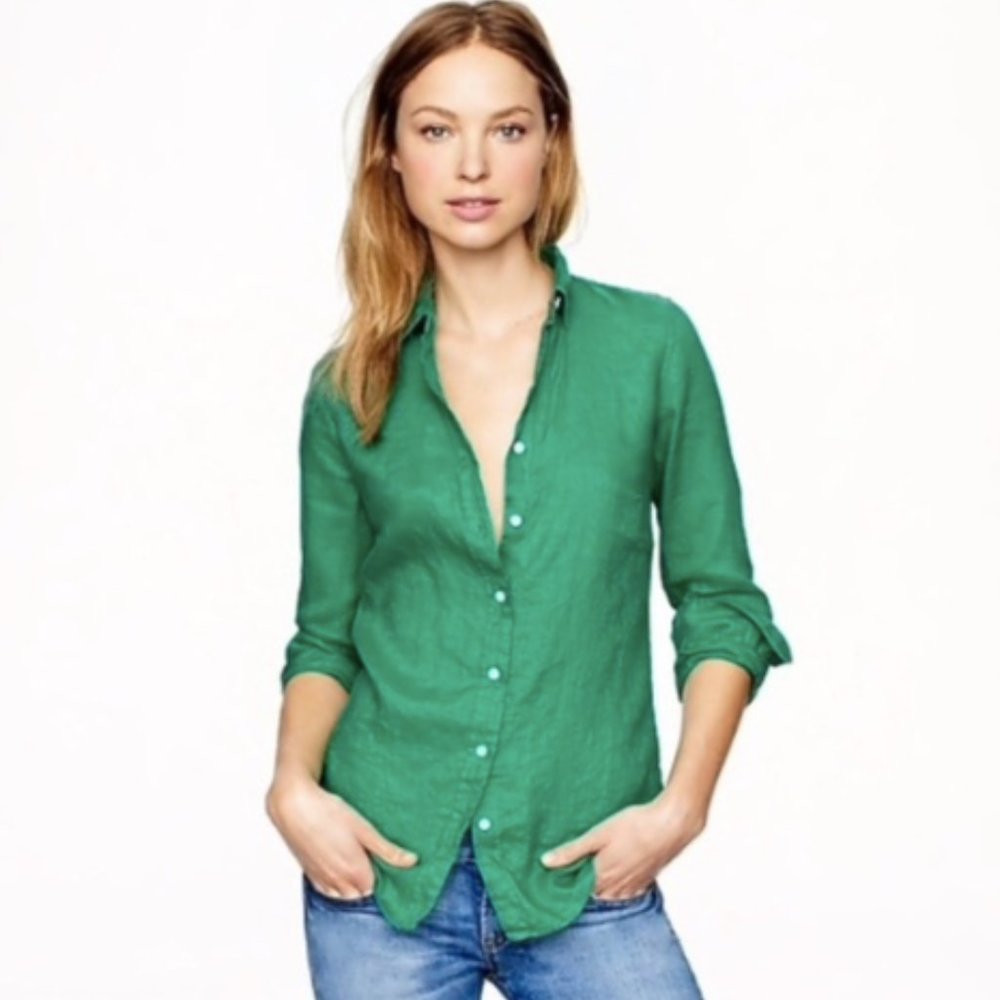 J. Crew Perfect Shirt in Cotton-Linen in Green